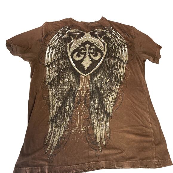 AFFLICTION Brown Wings Alt Large Distressed Gothic God Tee Shirt Cross - Picture 4 of 5